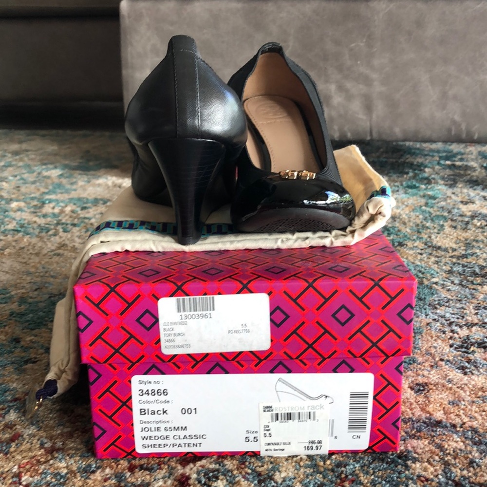Tory Burch size 5.5 black leather wedge heels